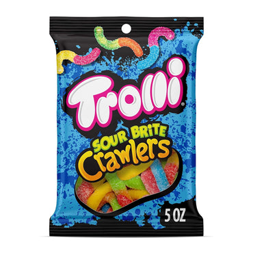 A 6-pack of Trolli Sour Brite Crawlers Sweet & Sour Gummy Worm Candy, each 5oz bag, features colorful sour gummies from the Trolli brand against a blue splattered background.