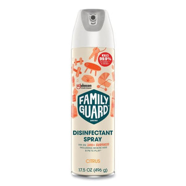 A 6 pack of Family Guard Disinfectant Cleaner Citrus Scent 17.5oz spray kills 99.9% of germs, deodorizes, and disinfects over 100 surfaces.