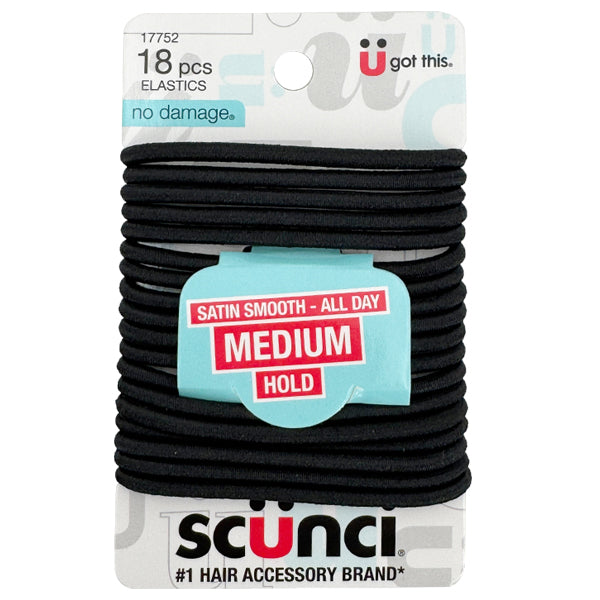 A pack of 6 Scunci No Damage Satin Smooth black hair elastics—18 medium hold, comfortable, no-damage ties per pack.