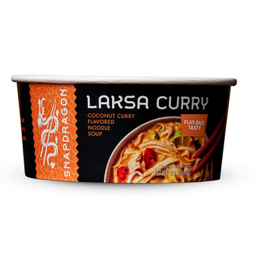 A 6 Pack of Snapdragon Laksa Curry Instant Noodle Bowls (Coconut Curry Flavor, 2.1oz), featuring Southeast Asian spices and creamy coconut milk, with product branding and a soup image on the label.
