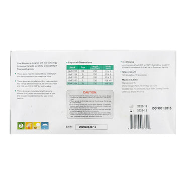 Back of Unbranded 6 Pack Clear Vinyl Powder-Free X-Large Disposable Gloves (100 ct each) shows glove dimensions, storage instructions, count, caution info, manufacturing details, and certification icons.