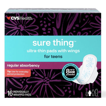 CVS Health Sure Thing Ultra-thin Pads for Teens with wings, regular absorbency. Each 6 pack contains 16 individually wrapped pads. Super-absorbent core offers up to 8 hours of discreet protection. Brand: CVS.