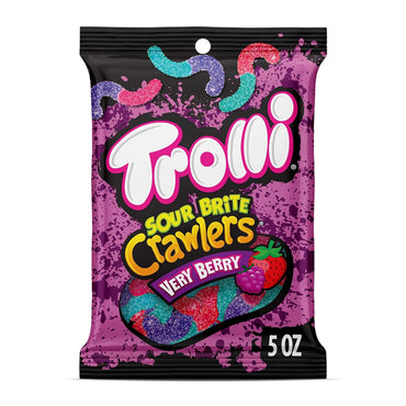 Get a 6 pack of Trolli Sour Brite Crawlers Very Berry Sweet and Sour Gummy Worms, 5oz each. Featuring fun candy and berry artwork on a purple background, these gummies are perfect for sour candy lovers!.