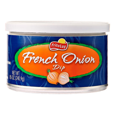 A 6 Pack of FritoLay French Onion Flavor Dip (8.5oz each), featuring illustrated onions on the label; perfect with LAYS Wavy Original Potato Chips. Net weight per can: 8.5 oz (240.9g).
