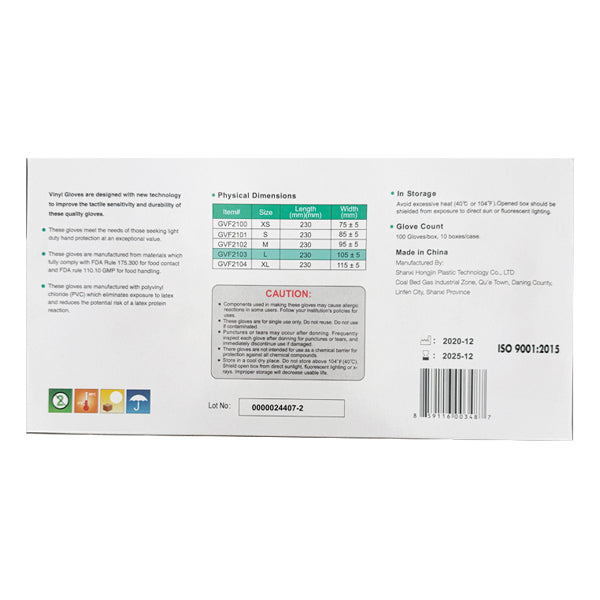Back of 6 Pack - Clear Vinyl Powder-Free Large Disposable Gloves (100 ct each, Large, Unbranded) box features size chart, glove dimensions, caution notice, storage info, manufacturing details, and certifications for these non-latex gloves.