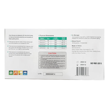 Back of 6 Pack - Clear Vinyl Powder-Free Large Disposable Gloves (100 ct each, Large, Unbranded) box features size chart, glove dimensions, caution notice, storage info, manufacturing details, and certifications for these non-latex gloves.