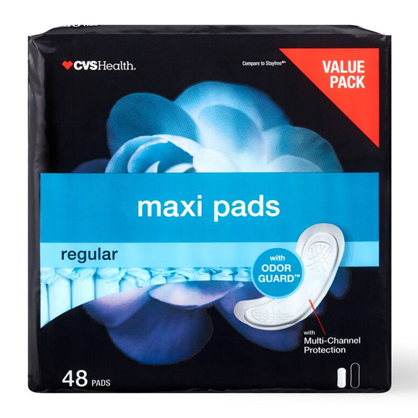 A 6 pack of CVS Health Maxi Pads Regular with Odor Guard, 48 count each, offers maximum absorption and leakage protection. The packaging displays a blue flower design and a red Value Pack label. Brand: CVS.
