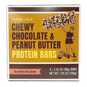 Trader Joes 6 Pack Chewy Chocolate & Peanut Butter Protein Bars, 5 bars per box (1.41 oz each), each bar provides 10g of protein—perfect for a quick snack after lifting dumbbells.