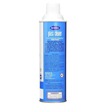 A 6 pack of Sprayway Ammonia Free Glass Cleaner, 19oz cans with foaming spray. Blue label shows product details, directions, and warnings. Provides a clinging foam for streak-free shine.