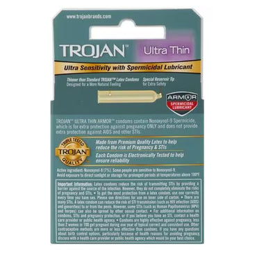 Back of a 6 Pack - Trojan Condom Sensitivity Ultra Thin Spermicidal (3 count each) box by Trojan, showing product details, usage instructions, spermicidal lubricant info, and reliable STI protection with premium latex.