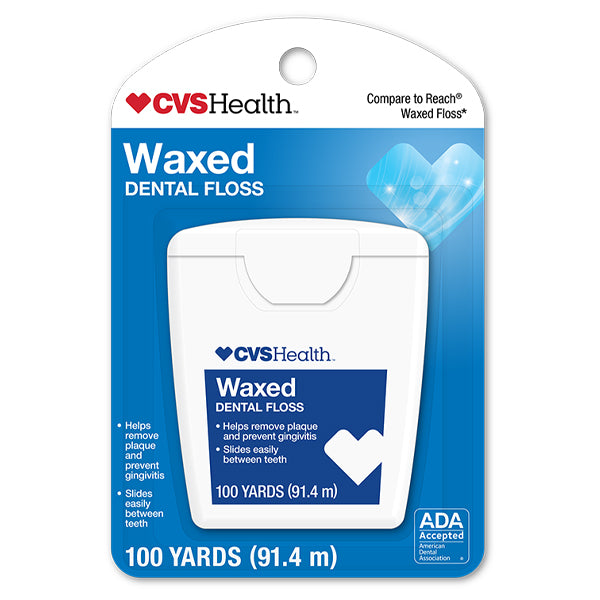 A 6 pack of CVS Health Waxed Dental Floss, 100 yards each, removes plaque and promotes gum health; ADA accepted and effective for plaque and gingivitis prevention.
