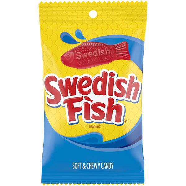 A 6 Pack of Swedish Fish Soft & Chewy Candy, each 8oz yellow and blue bag features the classic red fish-shaped treat and fruity flavor from the Swedish Fish brand.