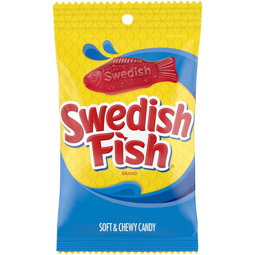 A 6 Pack of Swedish Fish Soft & Chewy Candy, each 8oz yellow and blue bag features the classic red fish-shaped treat and fruity flavor from the Swedish Fish brand.