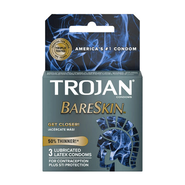 A 6 pack of Trojan Sensitivity BareSkin lubricated premium latex condoms, 3 count each, offers 50% thinner protection with silky-smooth lubricant for contraception and STI protection.