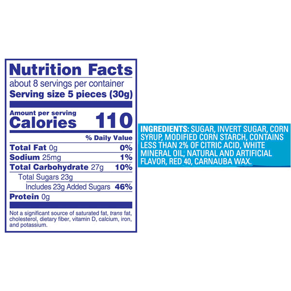 The 6 Pack - Swedish Fish Soft & Chewy Candy 8oz Bags from Swedish Fish features a nutrition label with 110 calories per 5-piece serving and ingredients like sugar, corn syrup, citric acid, flavors, and artificial colors. Enjoy the fruity taste!.