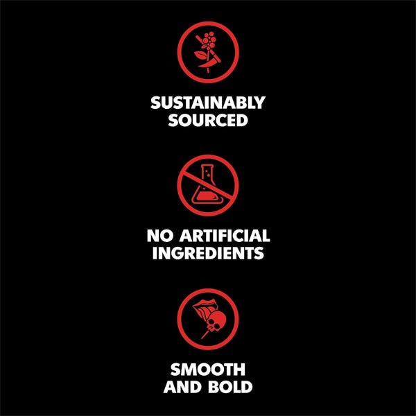 Three icons with text: Sustainably Sourced (plant); No Artificial Ingredients (beaker); Smooth & Bold—just like Death Wish 6 Pack Dark Roast Single-Serve Coffee Pods—(hand with cup). Enjoy high-quality coffee from Death Wish.