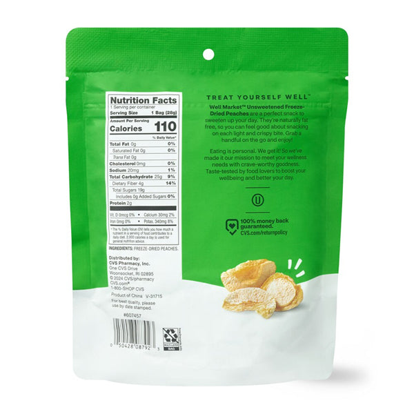 Back of a green and white Gold Emblem 6 Pack Peach Freeze Dried Fruit Crisps (1oz) package, displaying nutrition facts, product details, and an image of the freeze-dried peach crisps.