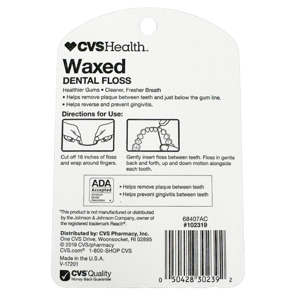 The back of the CVS 6 Pack Waxed Dental Floss 100 Yards package displays directions, ADA acceptance, product info, and company details in black on white—designed to help remove plaque and support gum health.