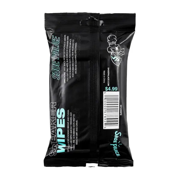 A black 6 Pack of Shoe Palace Sneaker Wipes (12 wipes each) shows product info, barcode, and a $4.99 price on the back—ideal for removing dirt and keeping your sneakers fresh.