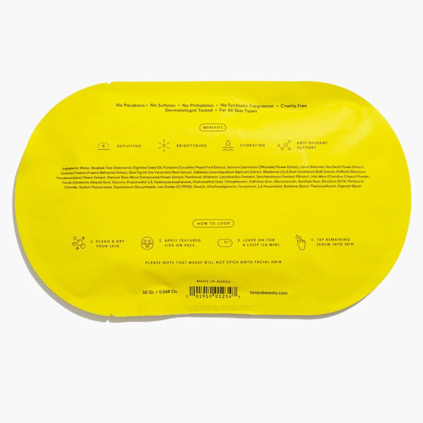 Back view of LOOPS 6 Pack Sunrise Service Brightening Hydrogel Face Mask in yellow shows benefits like deep hydration and antioxidants, with instructions, ingredients, and product details printed clearly in black text.