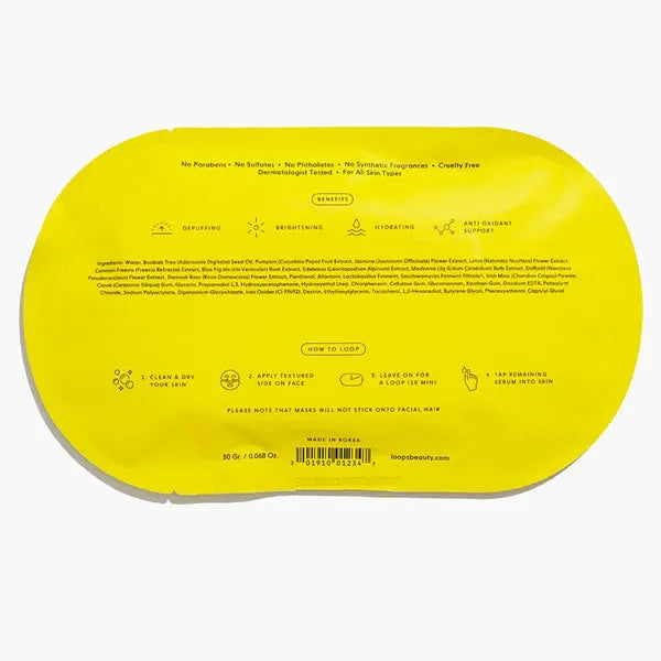 Back view of LOOPS 6 Pack Sunrise Service Brightening Hydrogel Face Mask in yellow shows benefits like deep hydration and antioxidants, with instructions, ingredients, and product details printed clearly in black text.