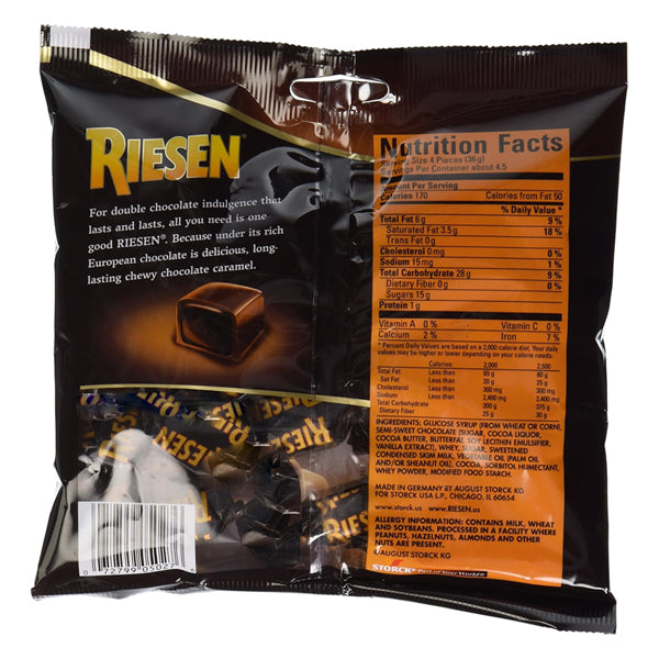 Back of a Riesen 6 Pack Chewy Chocolate Caramel Covered in Chocolate 5.5oz bag, featuring nutrition facts, product info, and wrapped candies—ideal for fans of classic European chocolate from Riesen.