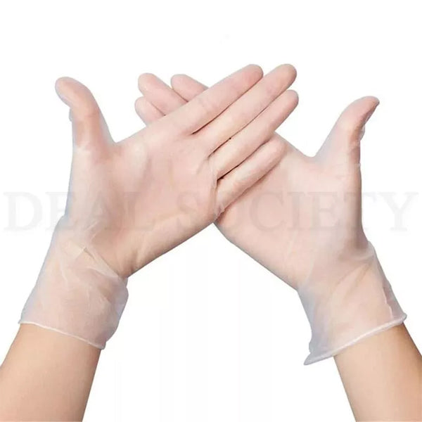 Two hands wear Unbranded 6 Pack Clear Vinyl Powder-Free X-Large Disposable Gloves (100 ct each), held up and crossed at the wrists against a plain white background.