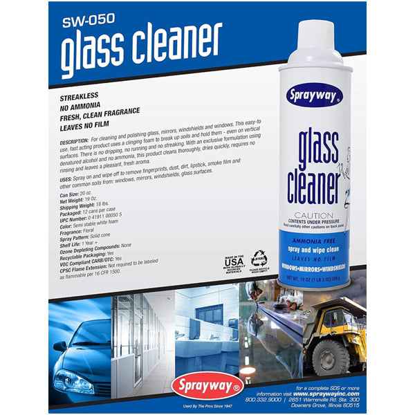 Sprayway product sheet highlights the 6 Pack - Sprayway Ammonia Free Glass Cleaner with Foaming Spray (19oz); features, instructions, and images show use in automotive and industrial settings.