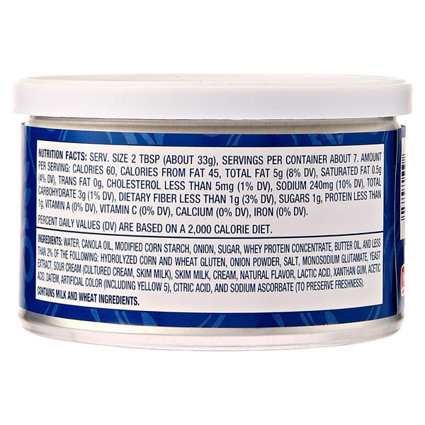 A 6 Pack of FritoLay French Onion Dip (8.5oz cans) with blue and white nutrition facts and ingredients on the back, silver lid, contains dairy. Perfect for pairing with LAYS Wavy Original Potato Chips or other Frito-Lay chips.