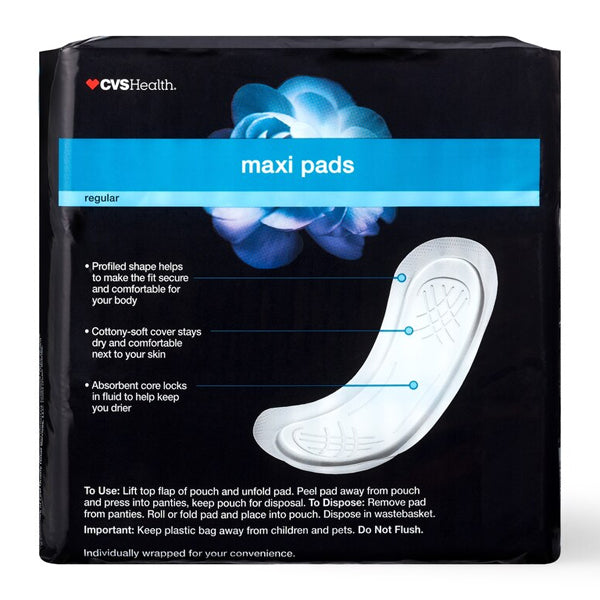 A 6-pack of CVS Health Maxi Pads Regular with Odor Guard, 48 pads each, shown with product details and a pad image on a black background with blue accents. Brand: CVS.
