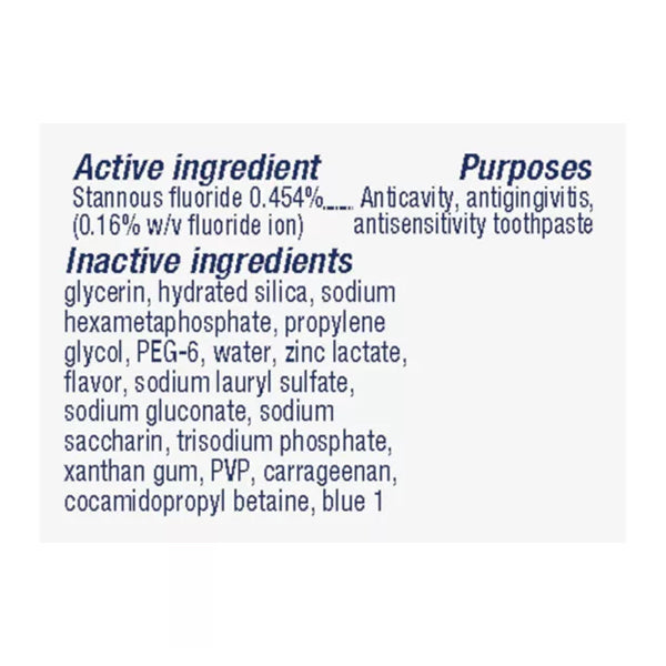 The Crest Pro-Health Advanced Deep Clean Mint Toothpaste 3.5oz 6 Pack features stannous fluoride for anticavity and antigingivitis protection, plus inactive ingredients like glycerin, hydrated silica, and flavor for advanced oral care.