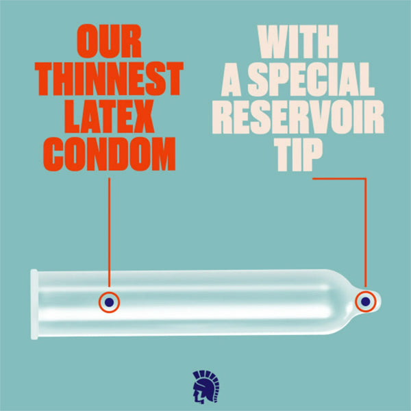 Image of Trojan Sensitivity BareSkin Lubricated Premium Latex Condoms (6 Pack, 3 ct each), featuring silky-smooth lubrication, ultra-thin latex for sensitivity, and a special reservoir tip on a blue background.