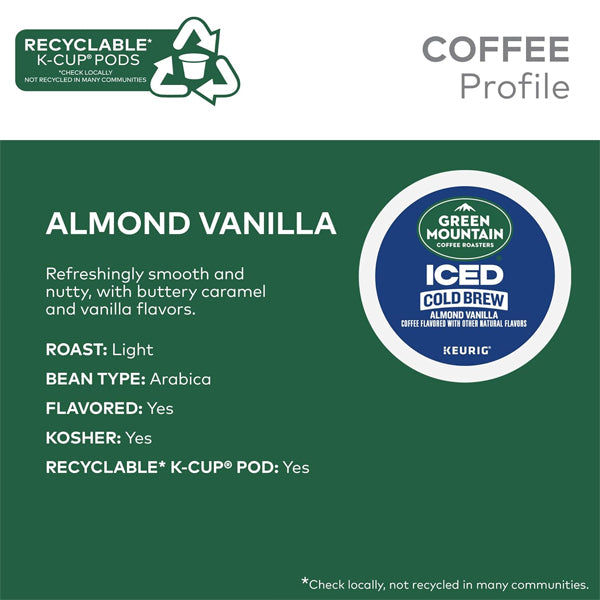 Green Mountain Coffee Roasters Almond Vanilla Cold Brew K-Cup Pods, in a 6-pack of 10-count boxes, offer rich Arabica coffee with smooth almond vanilla flavor and recyclable pods—all from Green Mountain Coffee Roasters.