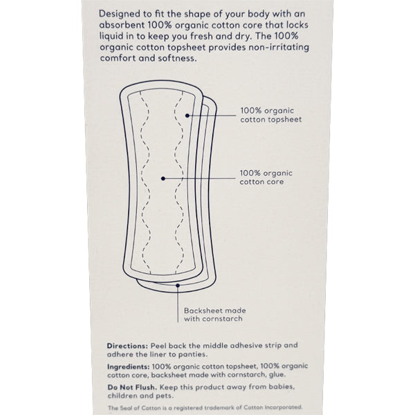 Diagram of CVS 6 Pack - Live Better Organic Cotton Pantyliners Extra Long (20 ct each) showing labeled parts: 100% organic cotton topsheet and core, conventional backsheet. Instructions and ingredients provided. Also suitable for use as pantyliners.