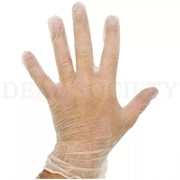 A left hand wearing a Salon Care Large Powder Free Vinyl Glove—sold in a 6 pack, 100 count each—is held up with fingers spread apart, highlighting its suitability for salon services.
