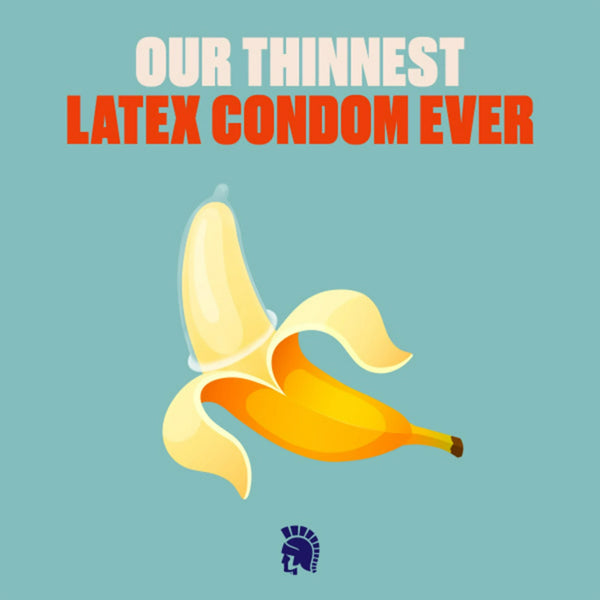 An illustration of a peeled banana with its peel resembling a condom, alongside the text Trojan Sensitivity BareSkin: 6 Pack (3 ct each) – Our thinnest premium latex condom ever on a blue background.