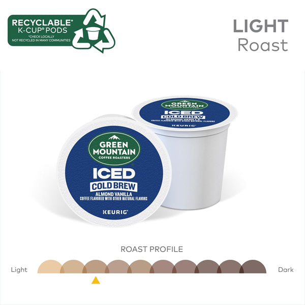 The 6 Pack - Green Mountain Coffee Roasters Almond Vanilla Cold Brew K-Cup Pods (10 Count Each) are featured, labeled as light roast 100% Arabica coffee with a recyclable symbol and a light to dark roast profile bar.