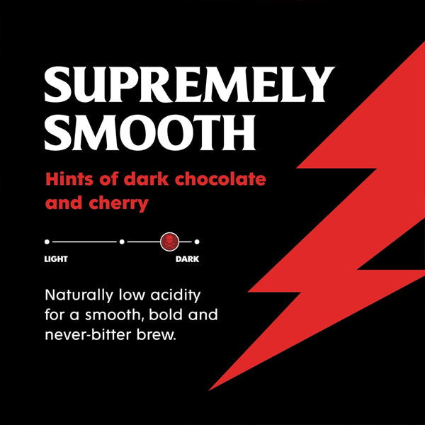 Black background with bold Supremely Smooth text. Death Wish 6 Pack Dark Roast Coffee Pods offer hints of dark chocolate and cherry, low acidity, and a smooth, bold brew that’s never bitter. Red lightning bolt graphic.