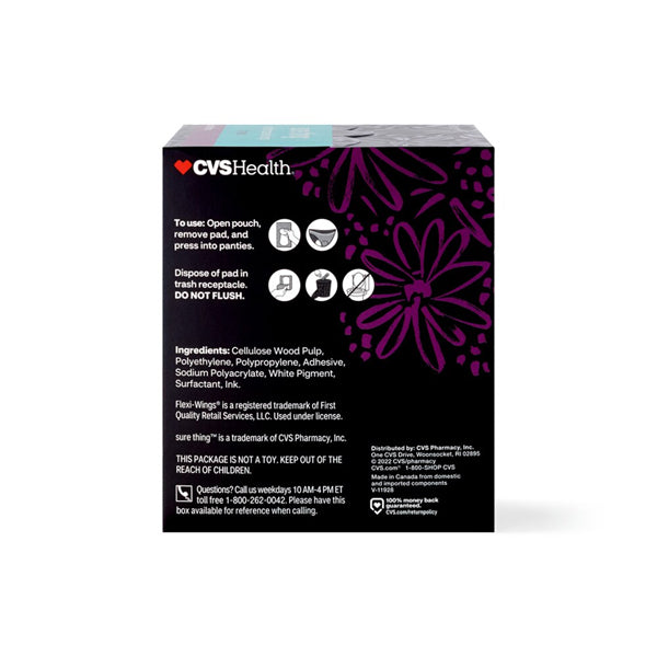 Back of a CVS Health Sure Thing Ultra-thin Pads for Teens with Wings Regular 16ct box showing instructions, ingredients, warnings, and contact info on a purple floral and black design. Features discreet ultra-thin protection with super-absorbent core.
