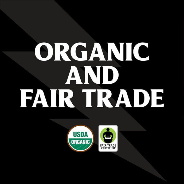 Text ORGANIC AND FAIR TRADE with USDA Organic and Fair Trade Certified logos on a black background, featuring Death Wish 6 Pack Dark Roast Single-Serve Coffee Pods (10 count each) for those seeking high-quality coffee.