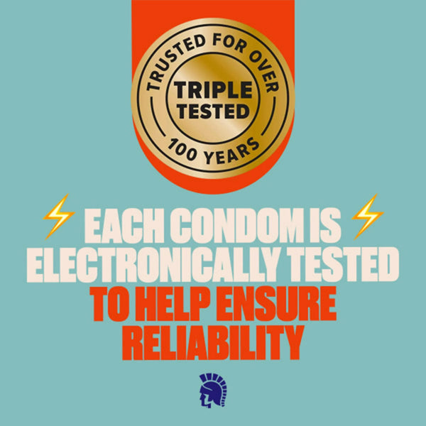 A gold badge on Trojan Sensitivity BareSkin Lubricated Premium Latex Condoms 6 Pack says Triple Tested, Trusted for Over 100 Years. Below, it notes each premium latex condom is electronically tested for reliability.