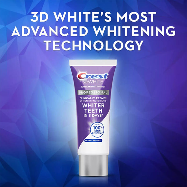 A 6 Pack of Crest 3D White Brilliance Pro Enamel Protect Toothpaste (3oz) is shown on a blue geometric background with the text “3D White’s Most Advanced Whitening Technology,” emphasizing its enamel-safe whitening formula.