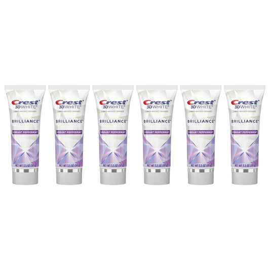 Six tubes of Crest 3D White Brilliance Toothpaste Vibrant Peppermint, 3.5oz each, are displayed in a row, highlighting the enamel-safe whitening formula that removes surface stains for a brighter smile.