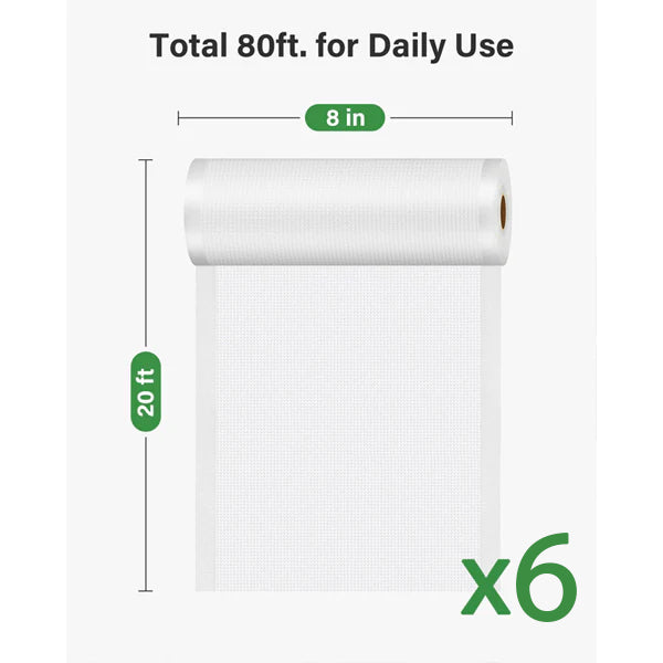 The Kootek Commercial Vacuum Sealer Bags 6 Pack (8x20 each, BPA-free with embossed channels) provides a total of 120 feet—ideal for vacuum sealing and preserving everyday items.