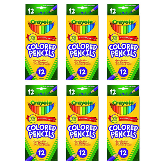 Six packs of Crayola Bright Bold Colored Pencils Assorted Color 12 ct, arranged in two rows of three, provide plenty of pre-sharpened pencils—perfect for art projects.