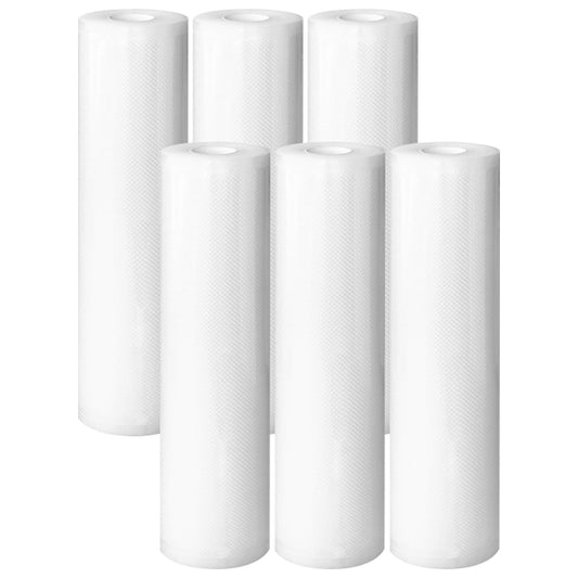 Six Kootek Commercial Vacuum Sealer Bags 6 Pack 8x20 are displayed upright in two rows against a plain background, highlighting efficient space usage.