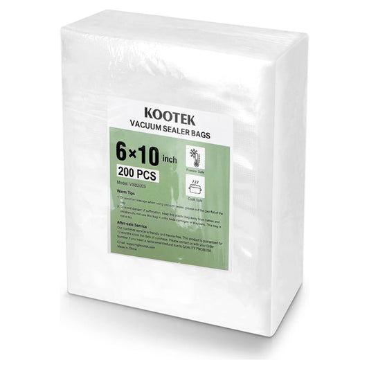 Kootek 200 Pack Commercial Vacuum Sealer Bags, pint size 6x10, feature puncture resistance and come in clear packaging with a green and white label—perfect for reliable food storage.