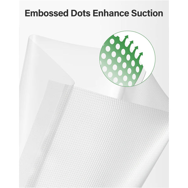 Close-up of a Kootek Commercial Vacuum Sealer Bag (Pint Size 6x10) from the 200 Pack, showing textured embossed dots that enhance suction for superior food storage. Text: Embossed Dots Enhance Suction.