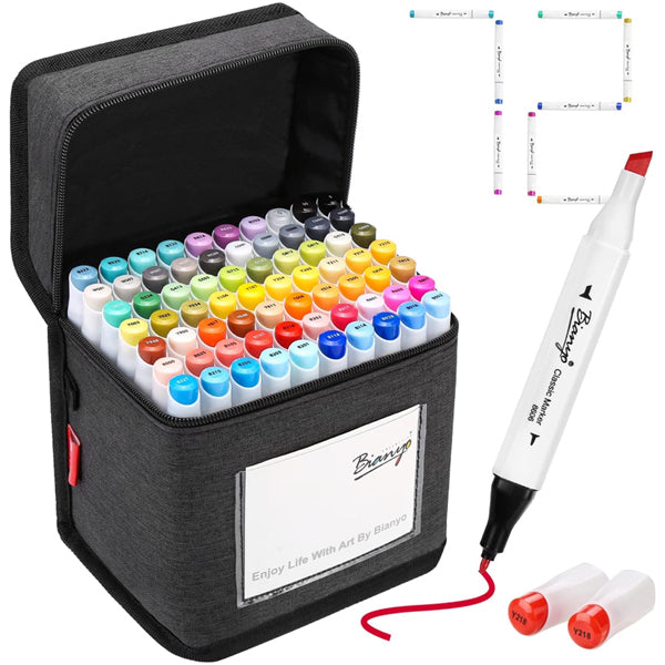 The Bianyo 72 Colors Alcohol Based Dual Tip Art Drawing Markers Set comes in a black travel case, with sample drawings shown in the corner.