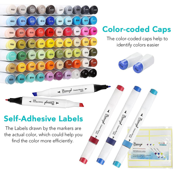 The Bianyo 72 Colors Alcohol Based Dual Tip Art Drawing Markers Set comes with a black travel case, color-coded caps arranged in rows, some markers shown separately, and self-adhesive color labels in packaging—ideal for creative projects.